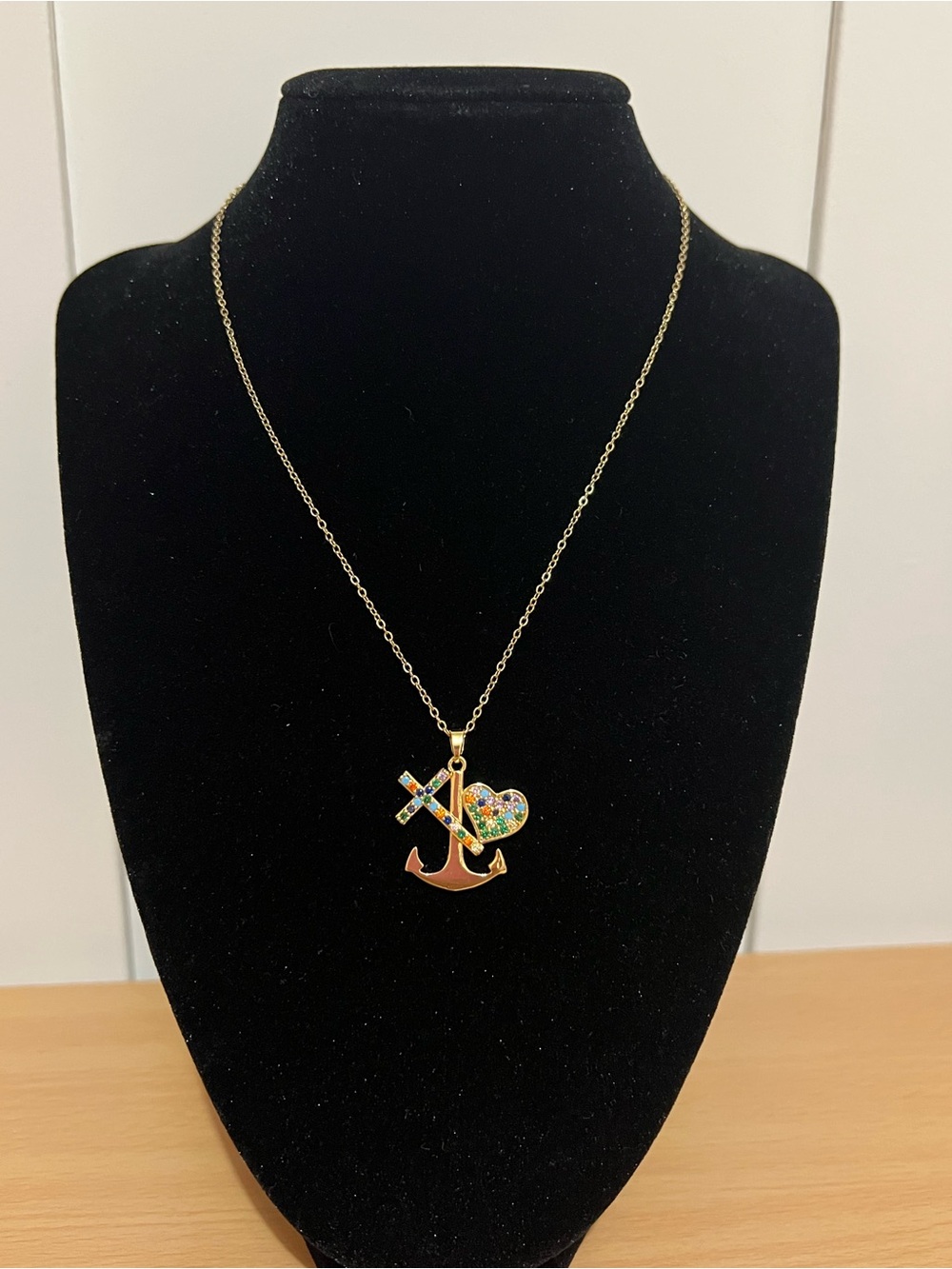 Gold-Tone Anchor, Cross & Heart Pendant Necklace with Multicolor Accents